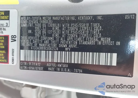 2012 Toyota Venza Le from USA, damaged, VIN 4T3ZA3BB9CU062534